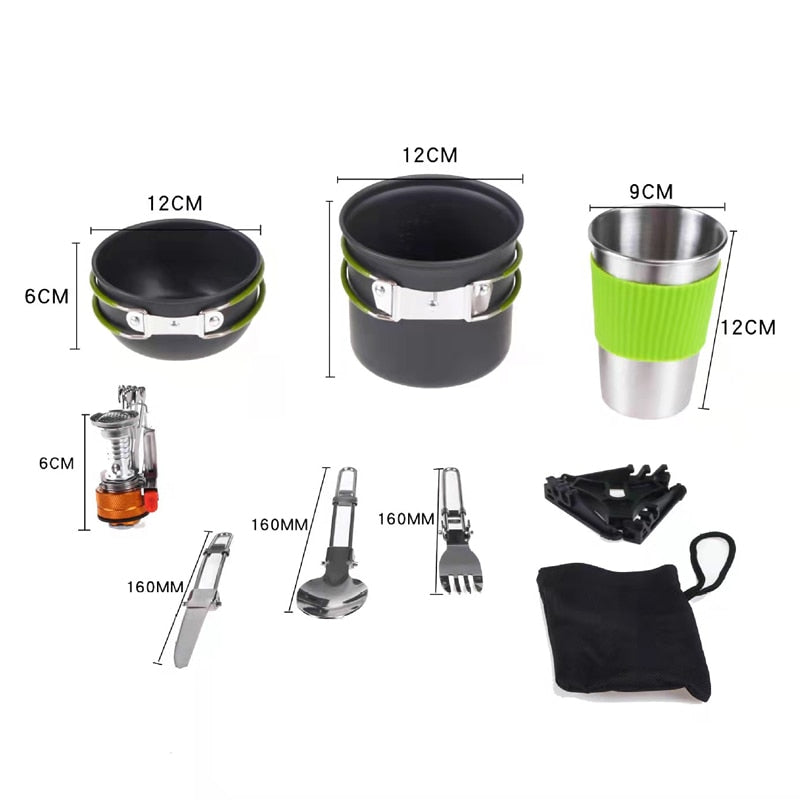 Camping Cookware Mess Kit Mini Stove, Bracket Knife Fork Spoon, Stainless Steel Cup for Outdoor Camping Hiking Picnic