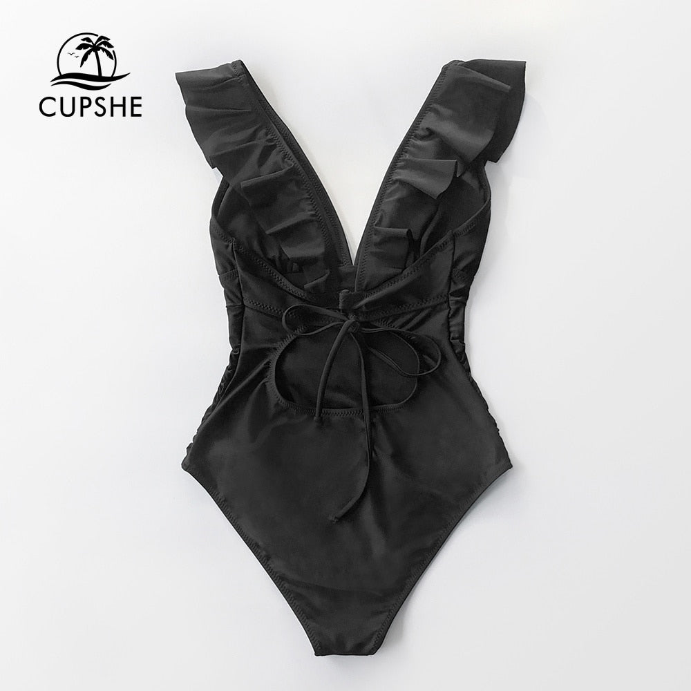 CUPSHE Ruffled One-piece Swimsuit For Women Sexy V-neck Lace Up Monokini Swimwear 2023 New Girl Beach Bathing Suits Beachwear