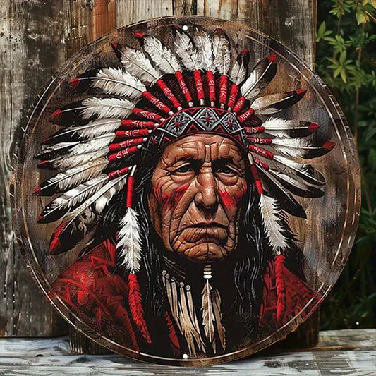 Vintage Native American Chief Metal Sign - 8-Inch Round Rustic Wall Art