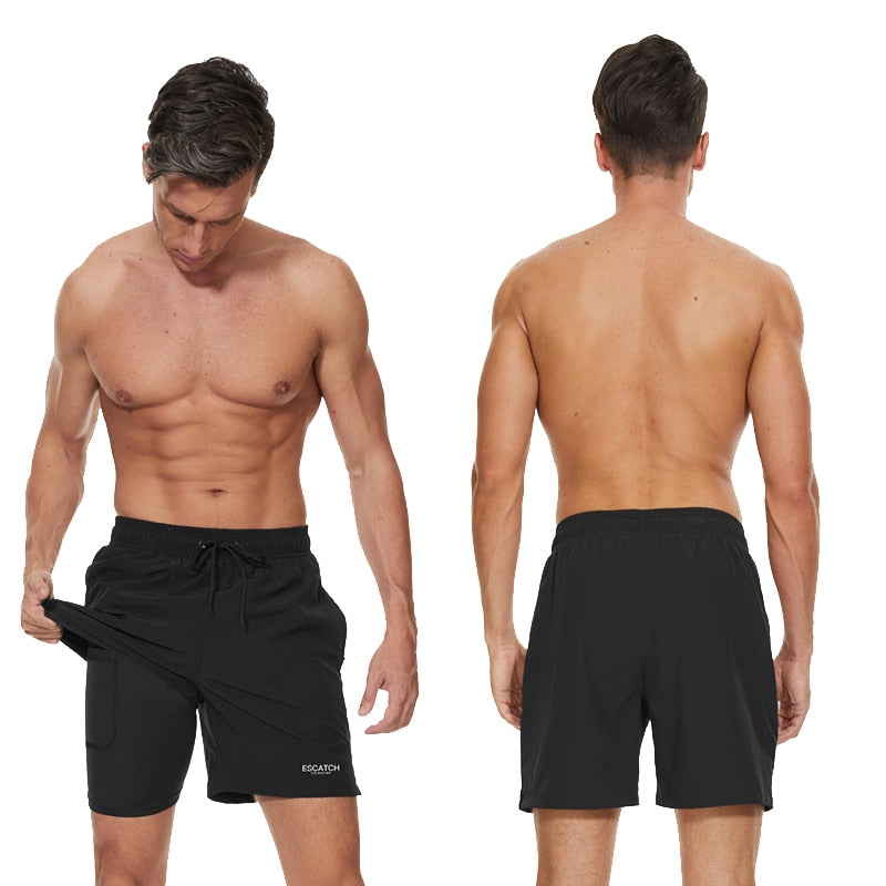 ESCATCH Mens Swimming Trunks with Compression Liner 2 in 1 Quick-Dry Gym Sports Shorts Swim Shorts with Zipper Pockets
