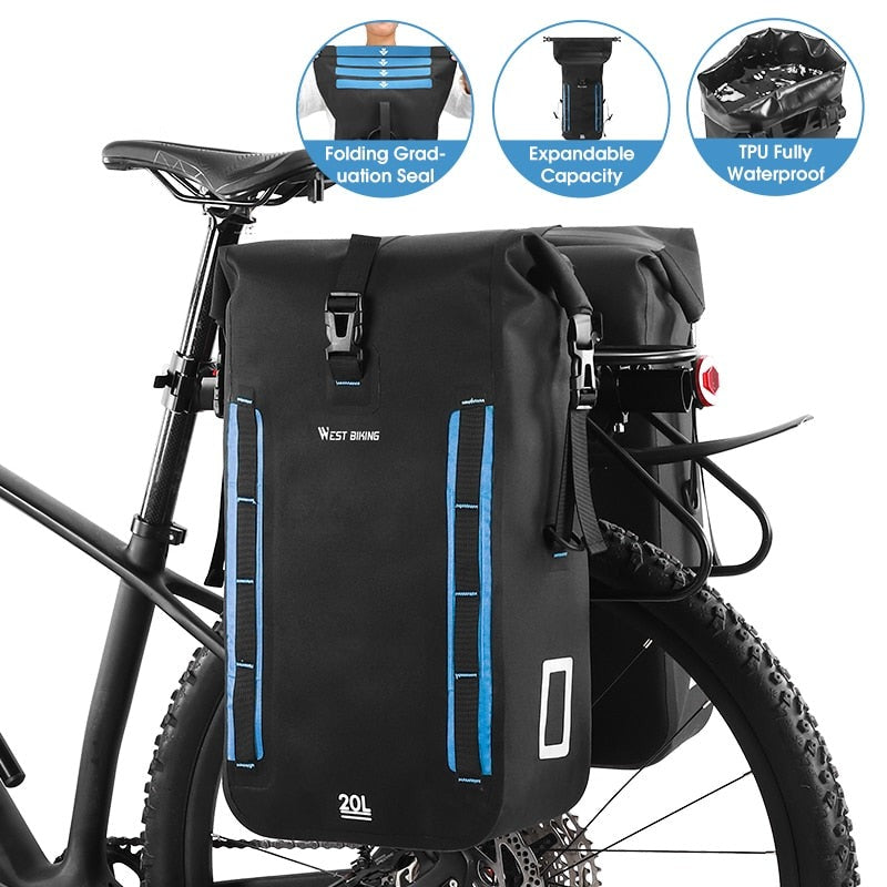 WEST BIKING Fully Waterproof TPU Bicycle Bag Foldable Expandable 15-20L Pannier Bike Rear Carrier Bag MTB Accessories Hand Bags