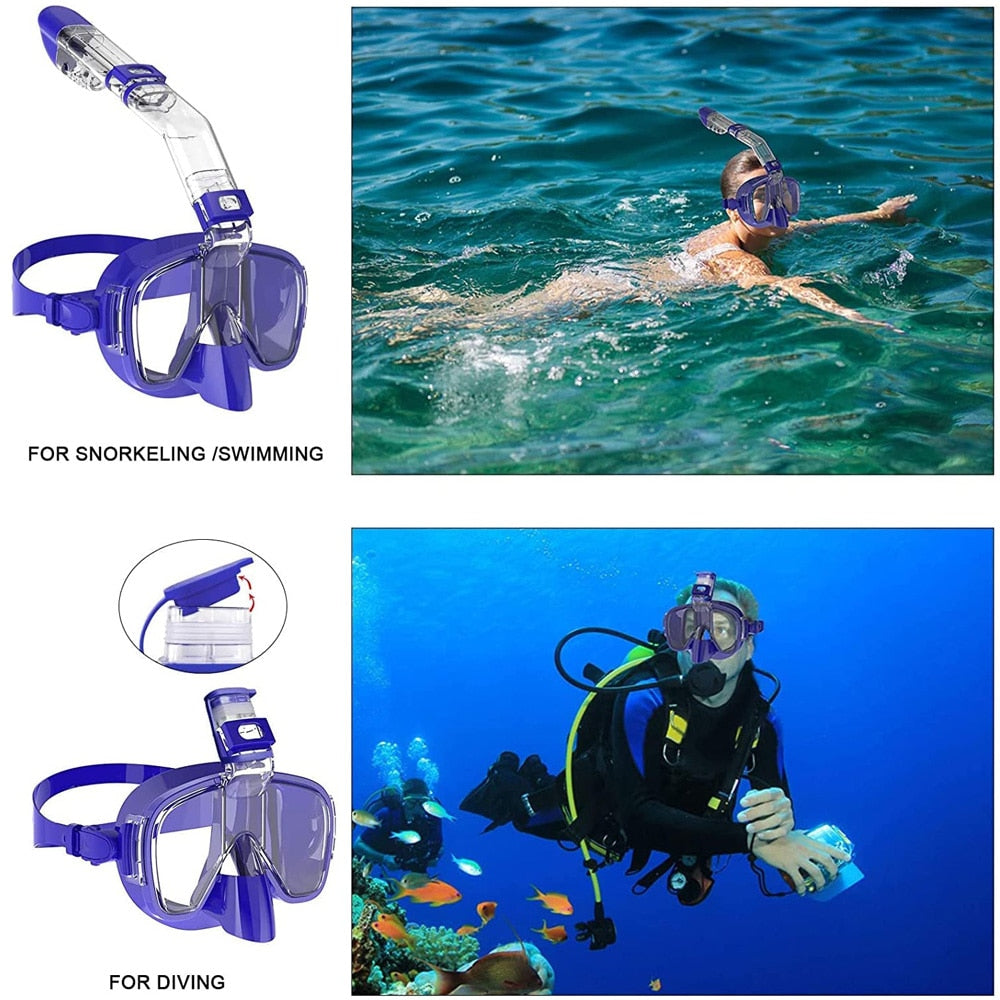 Diving Masks Foldable Anti-Fog Snorkel Mask Set with Full Dry Top System for Free Swim Professional Snorkeling Gear Adults Kids