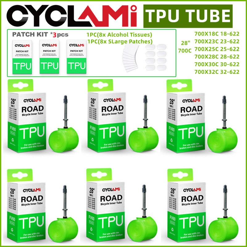 CYCLAMI Ultralight Bicycle Inner Tube Road Bike Bicycle TPU Inner Tire 60 80mm French Valve 700C18 25 28 32 Super Light Tube