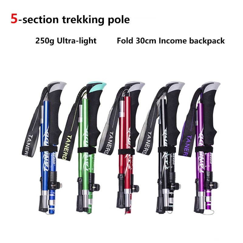 5-Section Outdoor Fold Trekking Pole Camping Portable Walking Hiking Stick For Nordic Elderly Telescopic Easy Put Into Bag 1 PCS