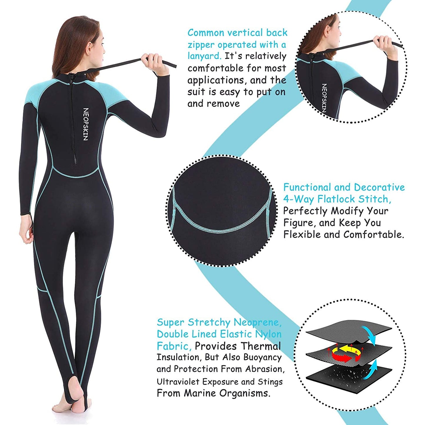 Women's 2mm Neoprene Wet Suits Full Body Wetsuit for Diving Snorkeling Surfing Swimming Canoeing in Cold Water Back Zipper Strap